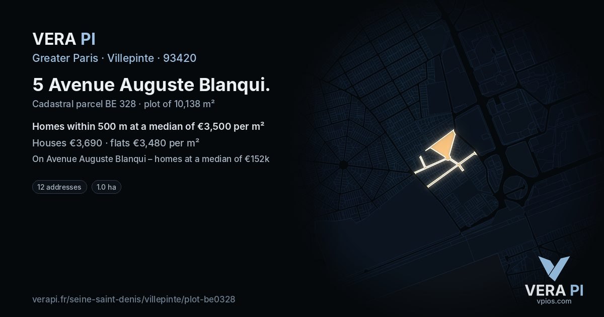 5 Avenue Auguste Blanqui, Villepinte at night – the plot lit, the parcels around coloured by the prices near them