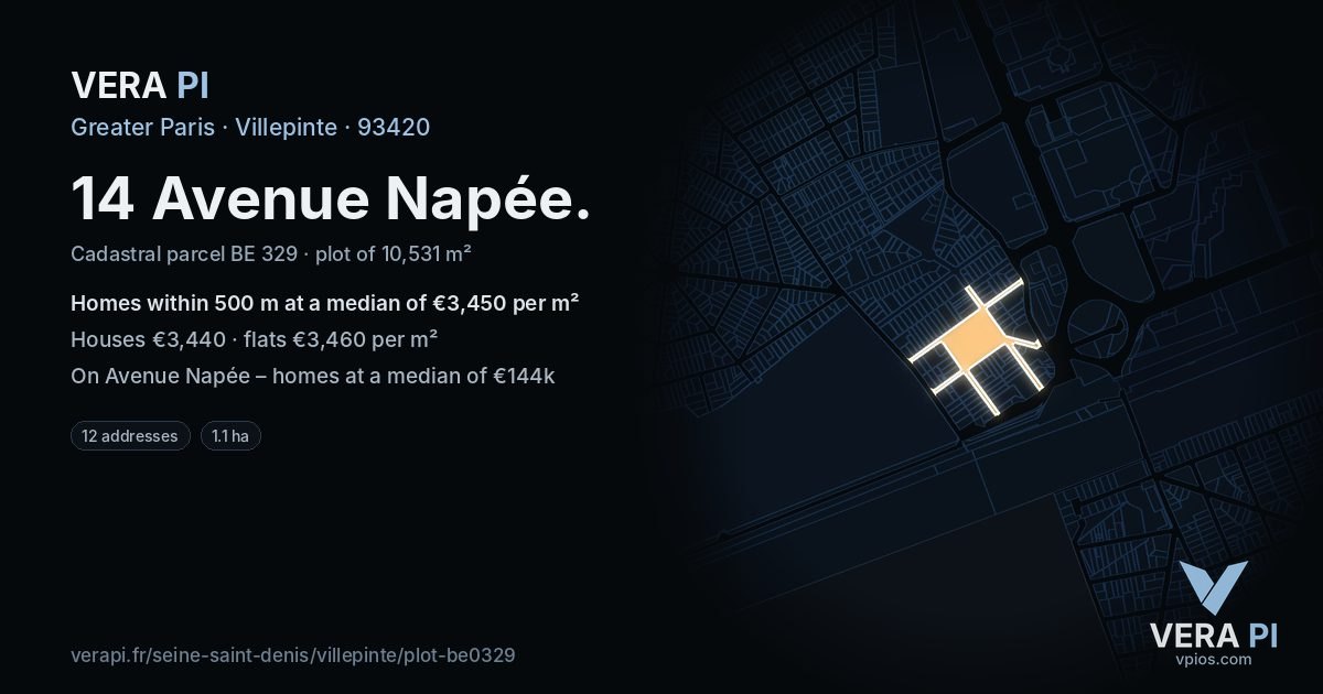 14 Avenue Napée, Villepinte at night – the plot lit, the parcels around coloured by the prices near them