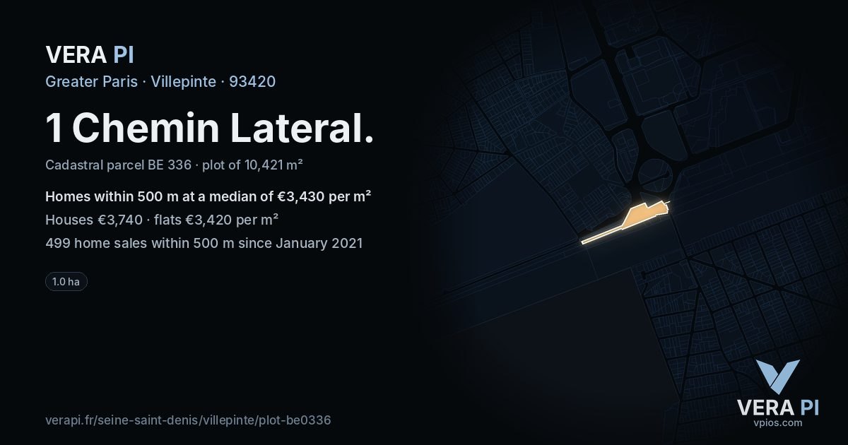 1 Chemin Lateral, Villepinte at night – the plot lit, the parcels around coloured by the prices near them
