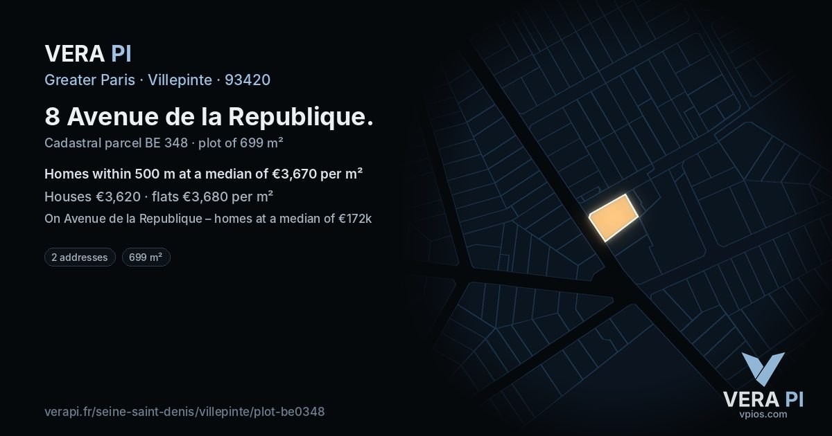 8 Avenue de la Republique, Villepinte at night – the plot lit, the parcels around coloured by the prices near them