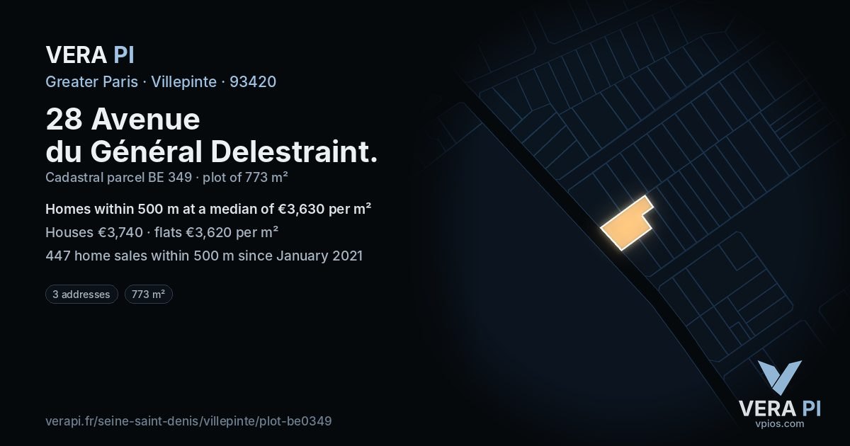 28 Avenue du Général Delestraint, Villepinte at night – the plot lit, the parcels around coloured by the prices near them