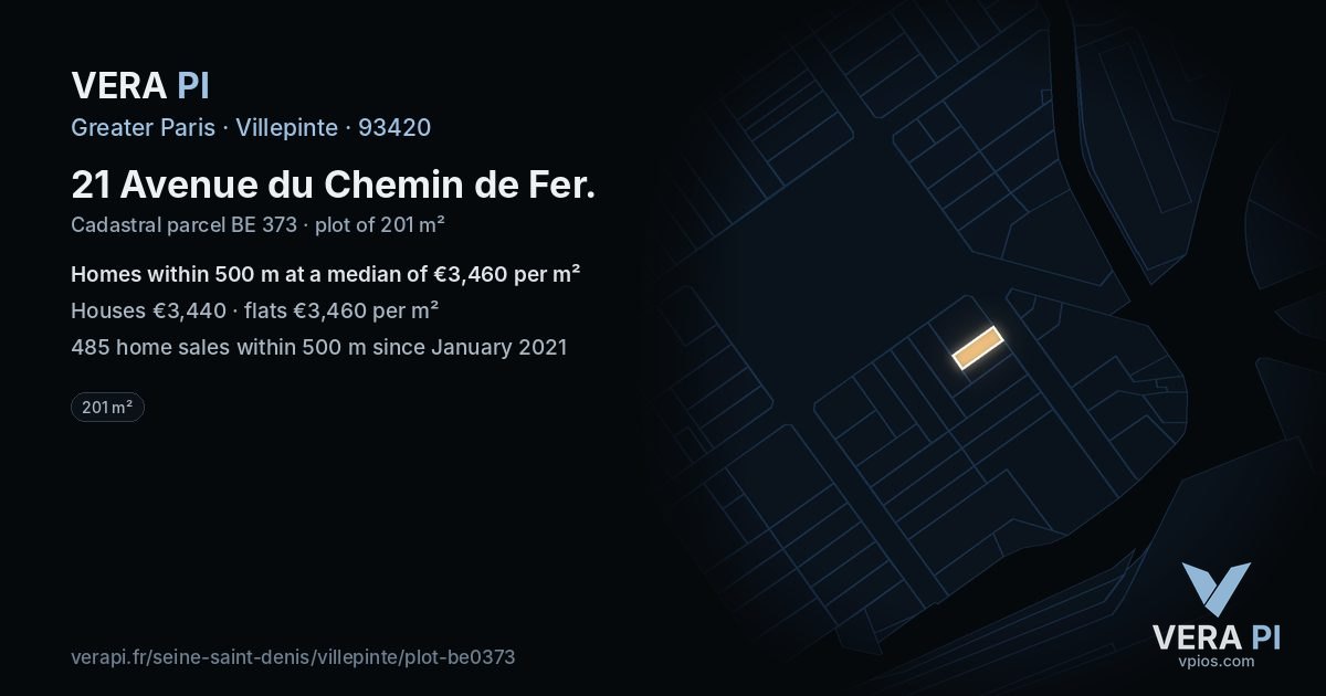 21 Avenue du Chemin de Fer, Villepinte at night – the plot lit, the parcels around coloured by the prices near them
