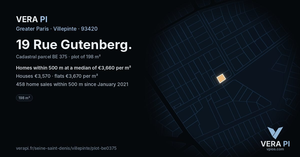 19 Rue Gutenberg, Villepinte at night – the plot lit, the parcels around coloured by the prices near them