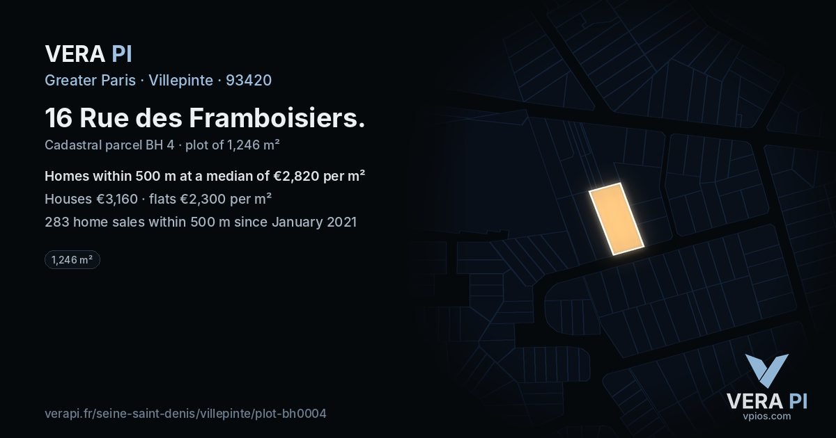 16 Rue des Framboisiers, Villepinte at night – the plot lit, the parcels around coloured by the prices near them