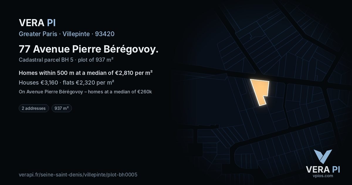 77 Avenue Pierre Bérégovoy, Villepinte at night – the plot lit, the parcels around coloured by the prices near them