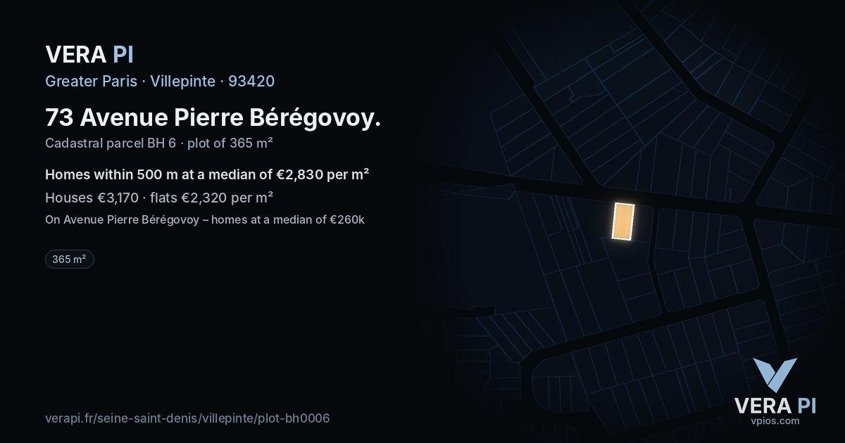 73 Avenue Pierre Bérégovoy, Villepinte at night – the plot lit, the parcels around coloured by the prices near them