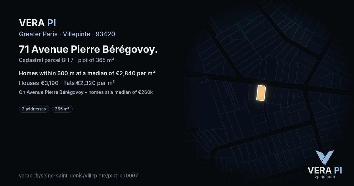71 Avenue Pierre Bérégovoy, Villepinte at night – the plot lit, the parcels around coloured by the prices near them