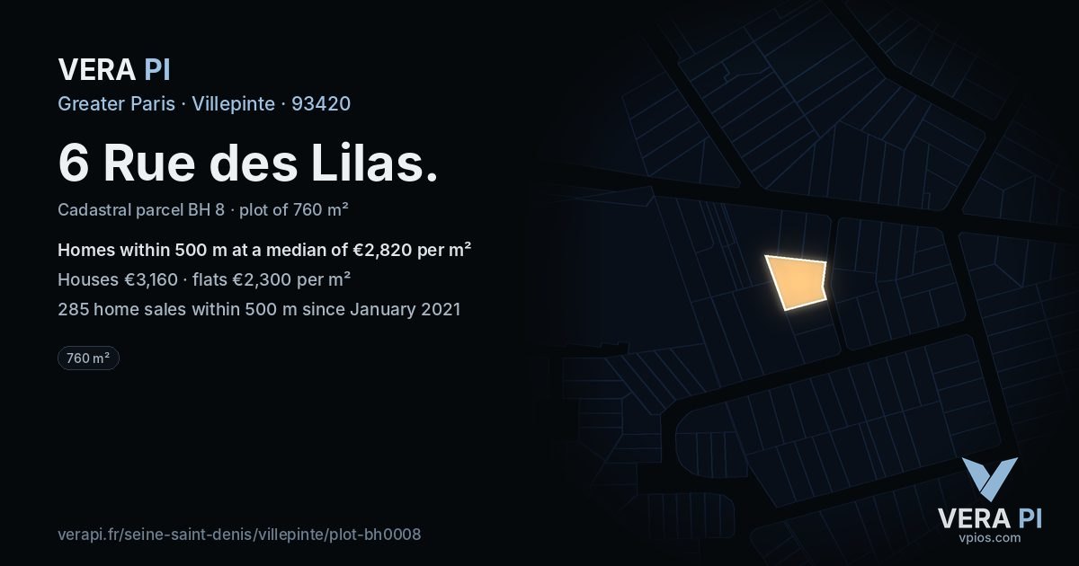 6 Rue des Lilas, Villepinte at night – the plot lit, the parcels around coloured by the prices near them