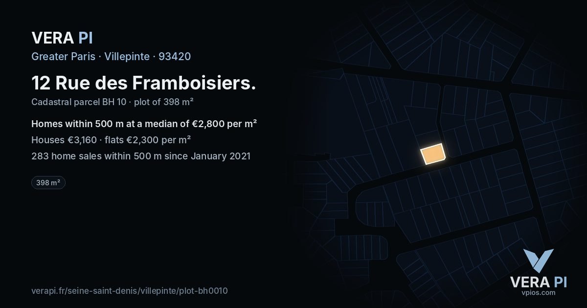 12 Rue des Framboisiers, Villepinte at night – the plot lit, the parcels around coloured by the prices near them