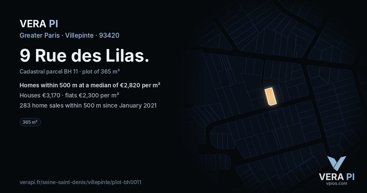 9 Rue des Lilas, Villepinte at night – the plot lit, the parcels around coloured by the prices near them