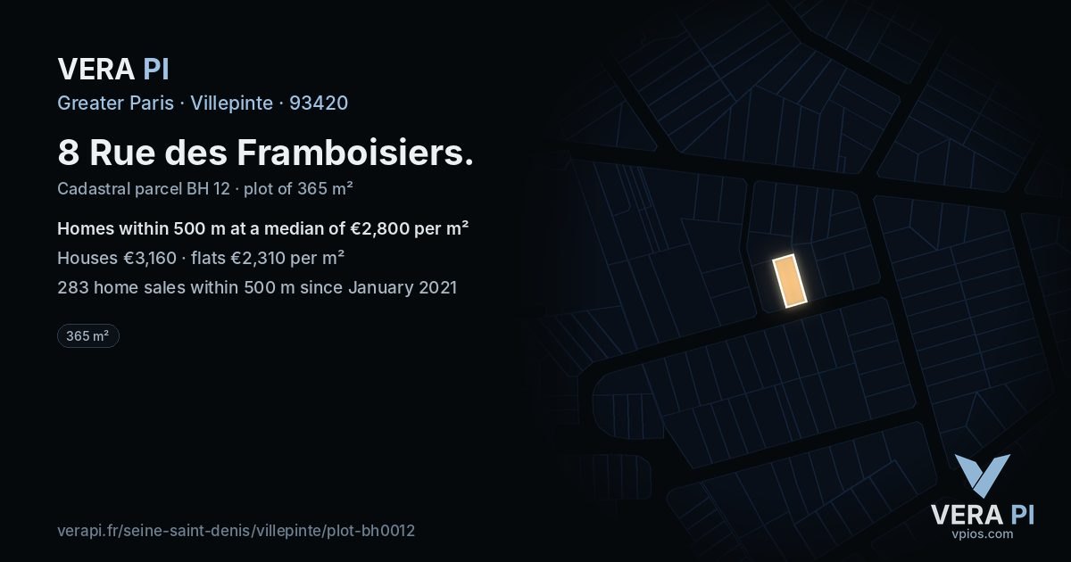8 Rue des Framboisiers, Villepinte at night – the plot lit, the parcels around coloured by the prices near them