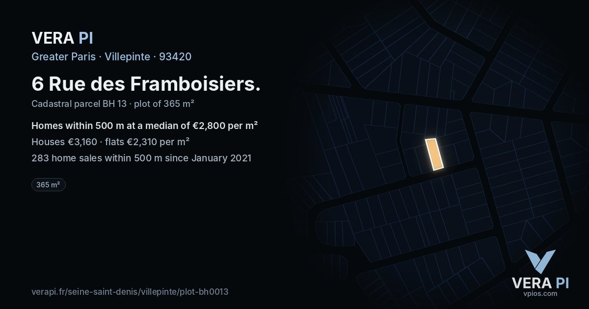 6 Rue des Framboisiers, Villepinte at night – the plot lit, the parcels around coloured by the prices near them