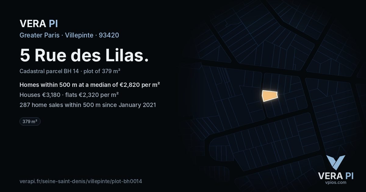 5 Rue des Lilas, Villepinte at night – the plot lit, the parcels around coloured by the prices near them
