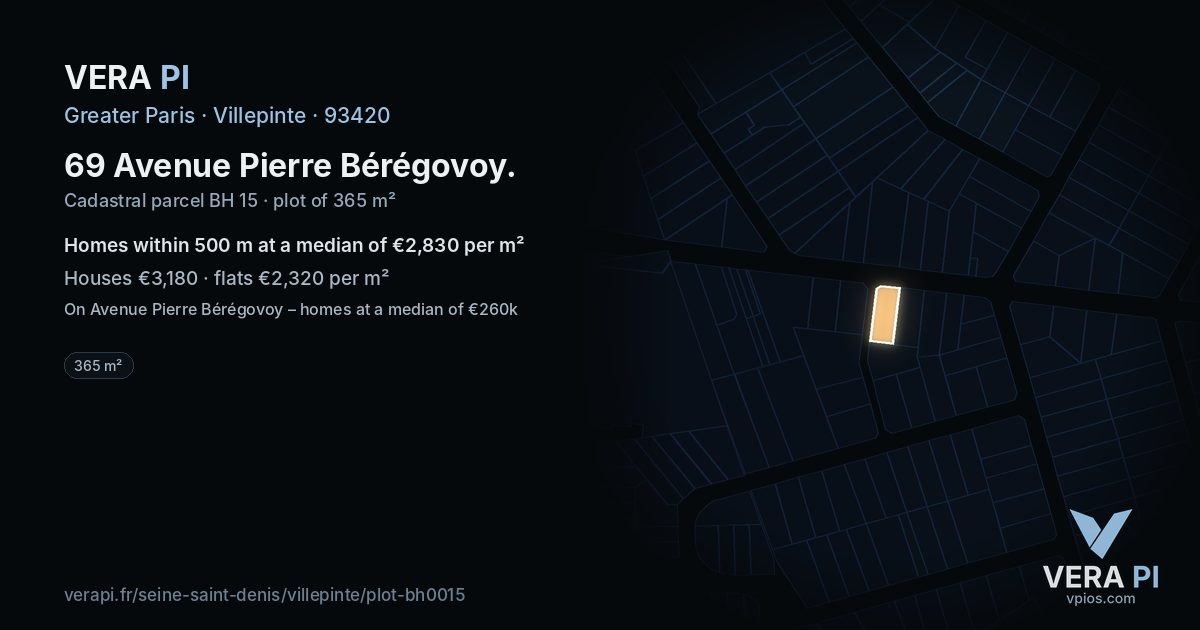 69 Avenue Pierre Bérégovoy, Villepinte at night – the plot lit, the parcels around coloured by the prices near them