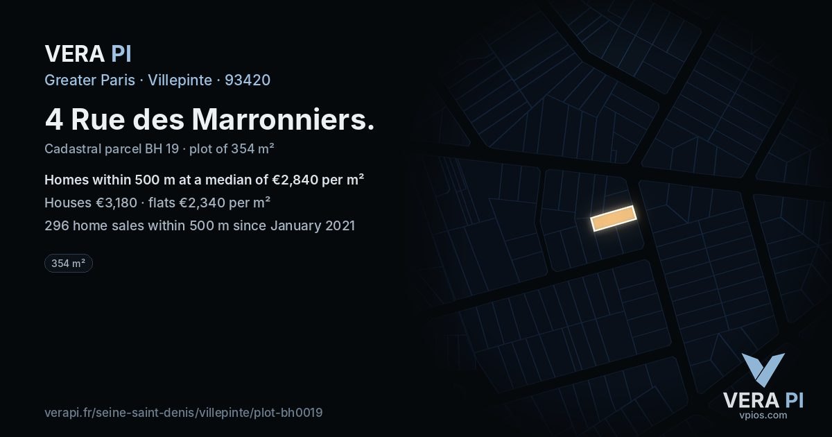 4 Rue des Marronniers, Villepinte at night – the plot lit, the parcels around coloured by the prices near them