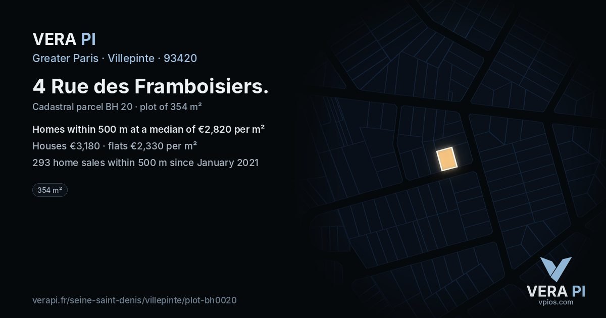 4 Rue des Framboisiers, Villepinte at night – the plot lit, the parcels around coloured by the prices near them