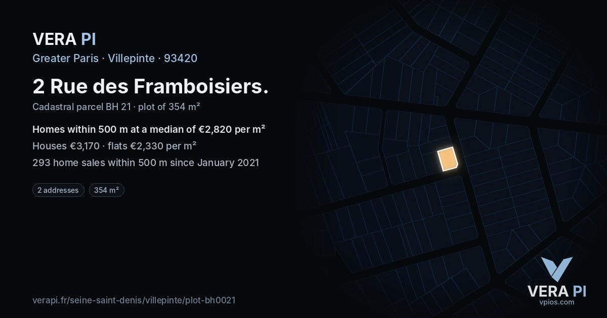 2 Rue des Framboisiers, Villepinte at night – the plot lit, the parcels around coloured by the prices near them
