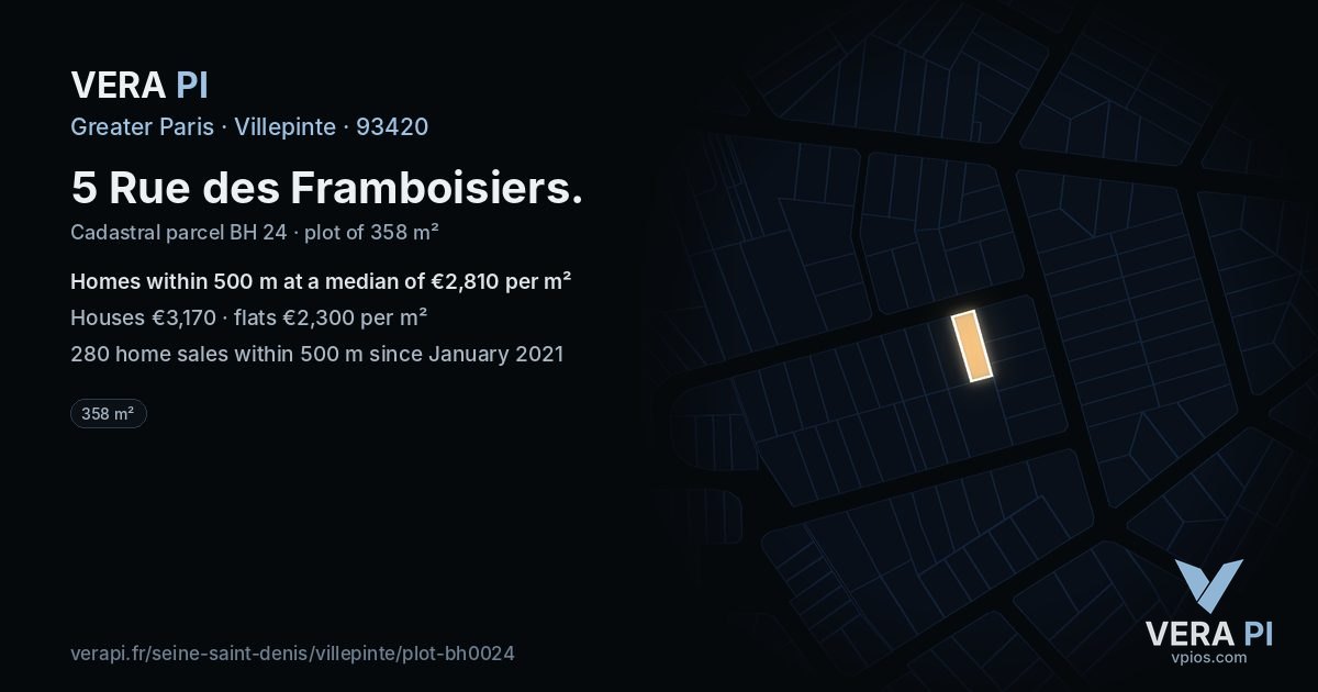 5 Rue des Framboisiers, Villepinte at night – the plot lit, the parcels around coloured by the prices near them