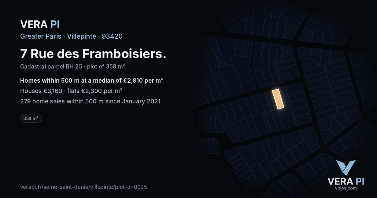 7 Rue des Framboisiers, Villepinte at night – the plot lit, the parcels around coloured by the prices near them