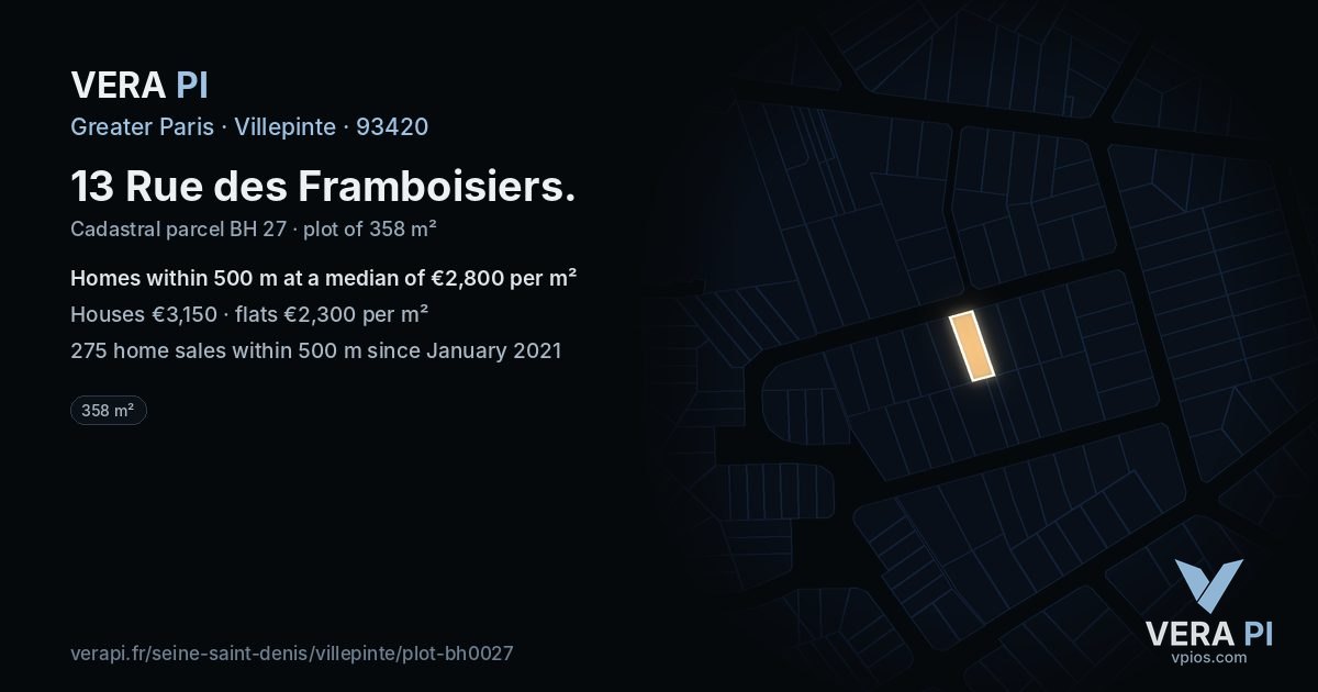 13 Rue des Framboisiers, Villepinte at night – the plot lit, the parcels around coloured by the prices near them