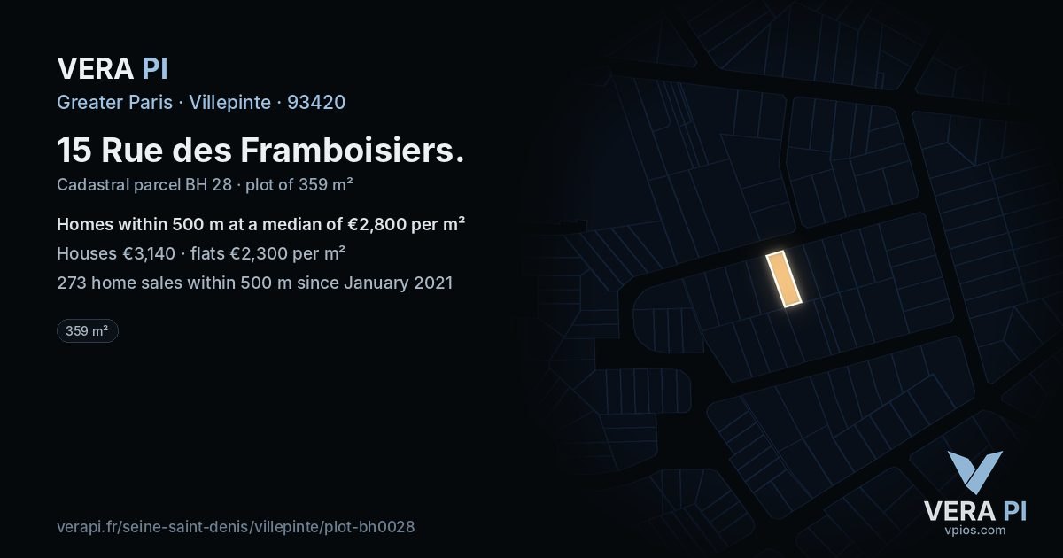 15 Rue des Framboisiers, Villepinte at night – the plot lit, the parcels around coloured by the prices near them
