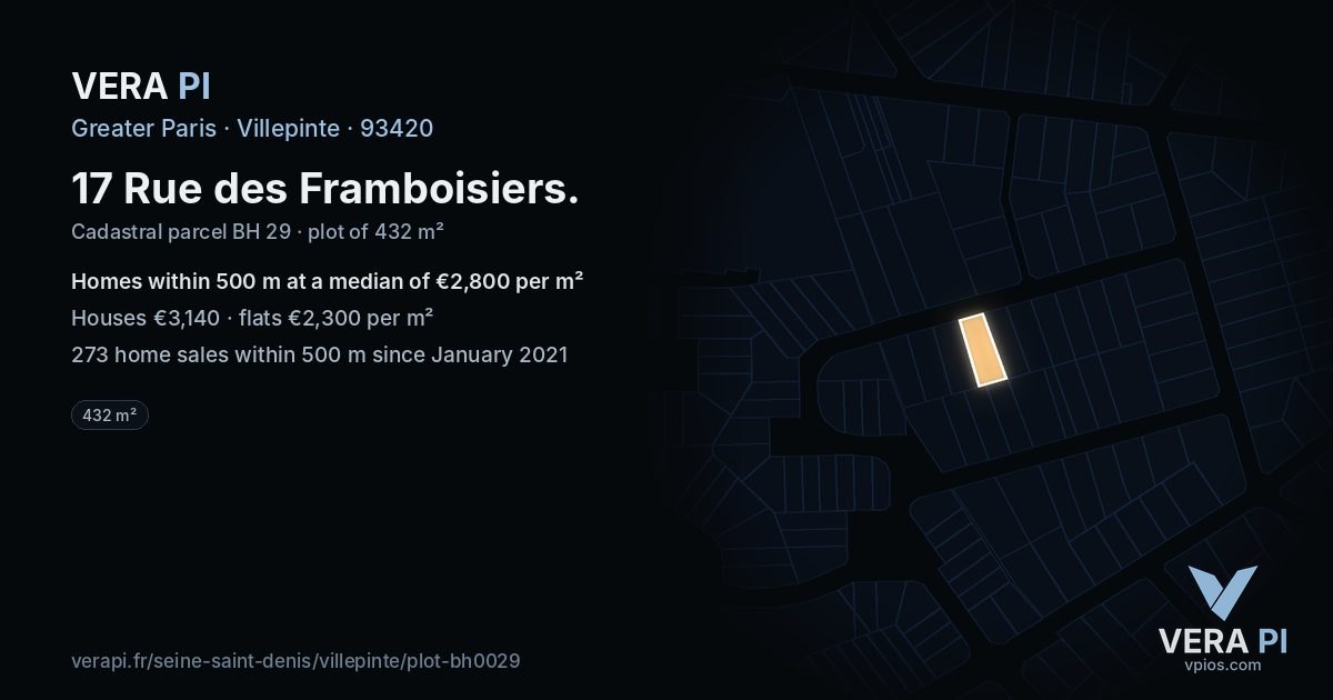 17 Rue des Framboisiers, Villepinte at night – the plot lit, the parcels around coloured by the prices near them