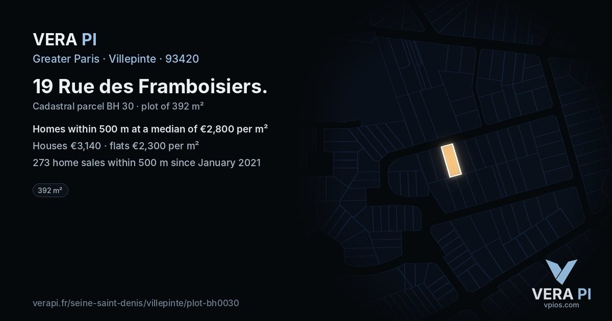 19 Rue des Framboisiers, Villepinte at night – the plot lit, the parcels around coloured by the prices near them