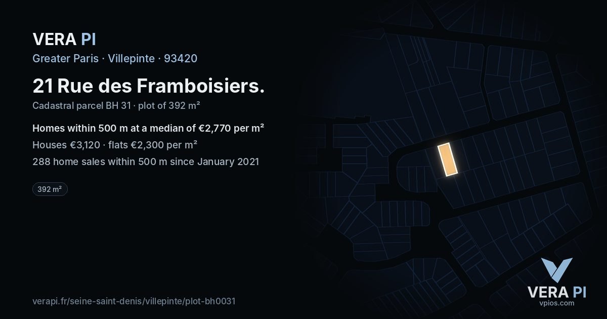 21 Rue des Framboisiers, Villepinte at night – the plot lit, the parcels around coloured by the prices near them