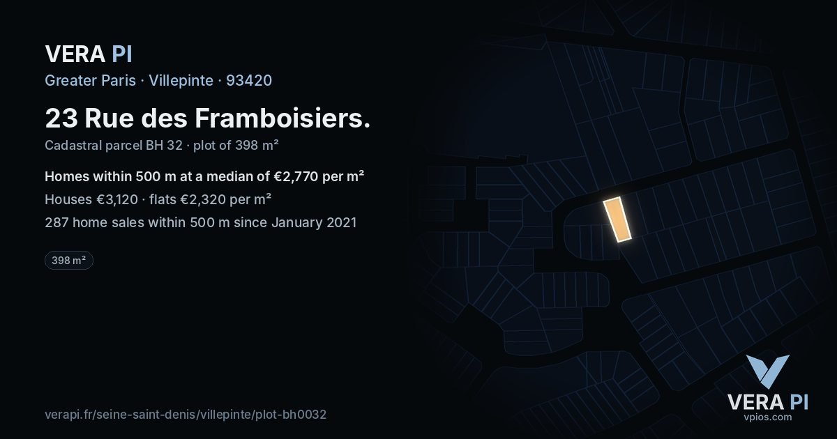 23 Rue des Framboisiers, Villepinte at night – the plot lit, the parcels around coloured by the prices near them