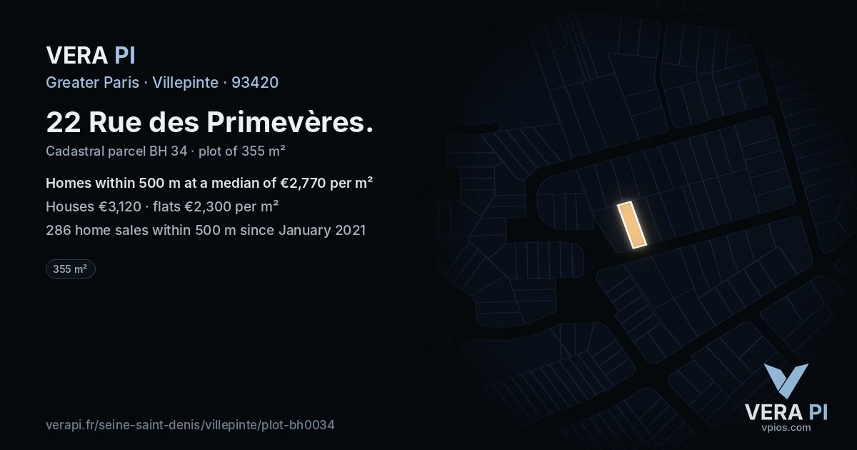 22 Rue des Primevères, Villepinte at night – the plot lit, the parcels around coloured by the prices near them