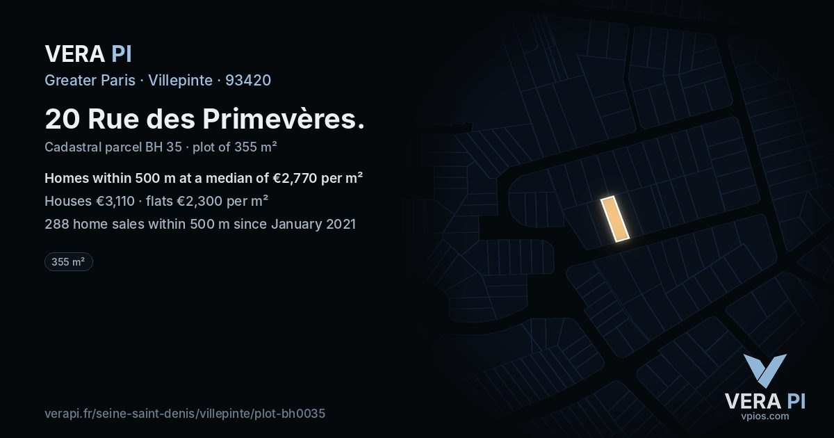 20 Rue des Primevères, Villepinte at night – the plot lit, the parcels around coloured by the prices near them