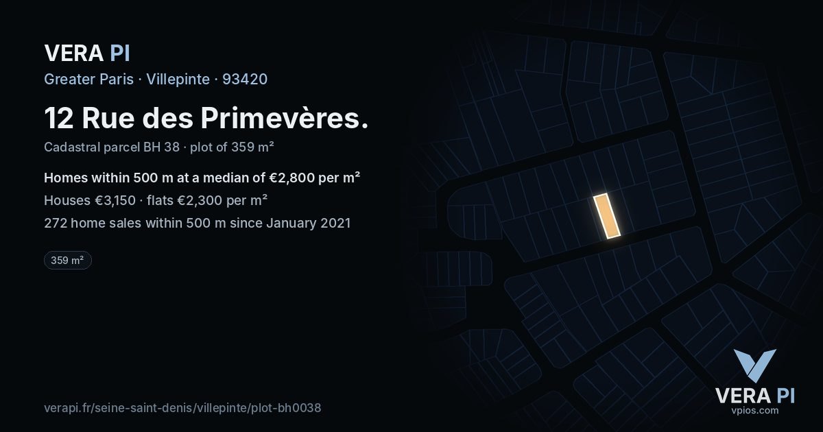 12 Rue des Primevères, Villepinte at night – the plot lit, the parcels around coloured by the prices near them