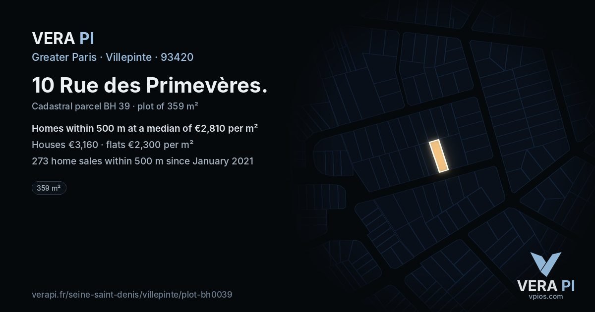 10 Rue des Primevères, Villepinte at night – the plot lit, the parcels around coloured by the prices near them