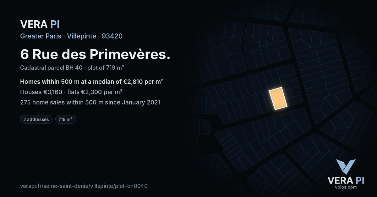 6 Rue des Primevères, Villepinte at night – the plot lit, the parcels around coloured by the prices near them