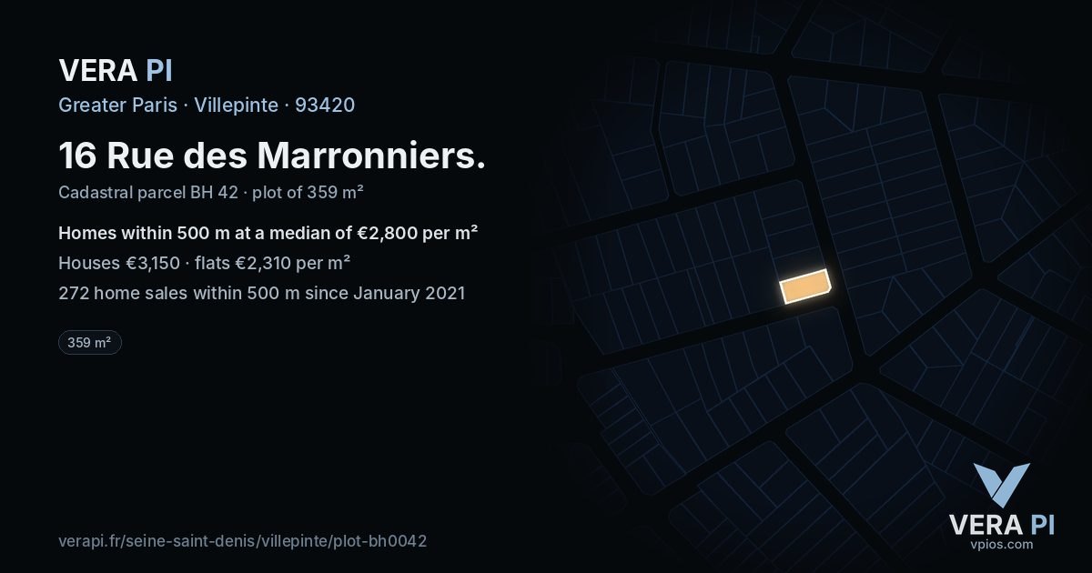 16 Rue des Marronniers, Villepinte at night – the plot lit, the parcels around coloured by the prices near them