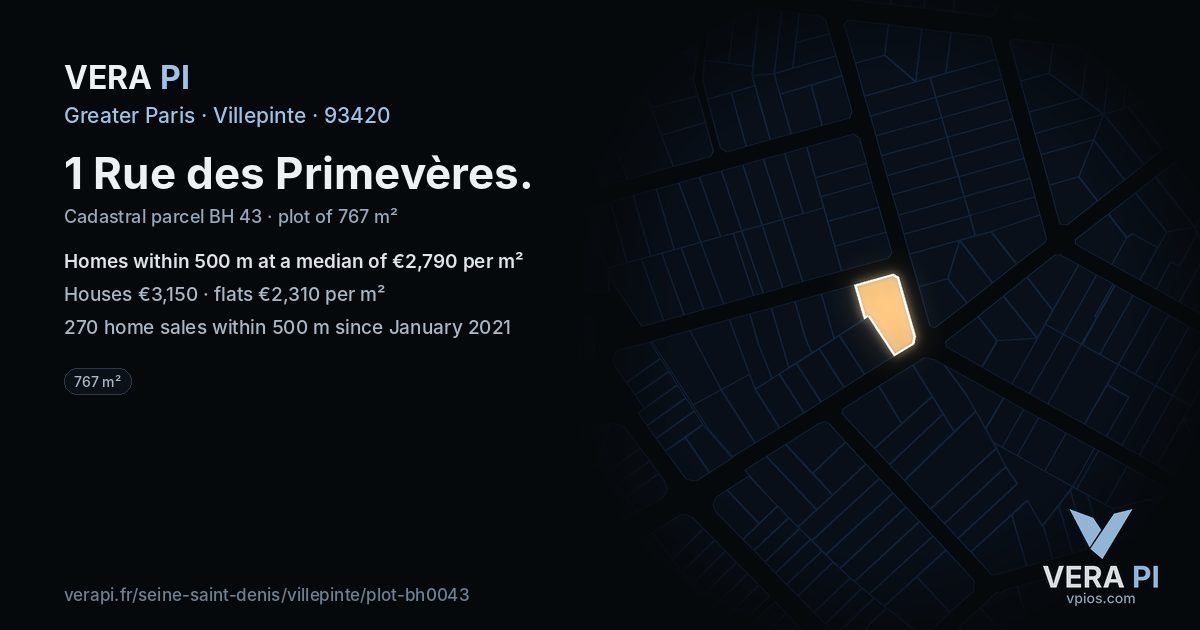 1 Rue des Primevères, Villepinte at night – the plot lit, the parcels around coloured by the prices near them