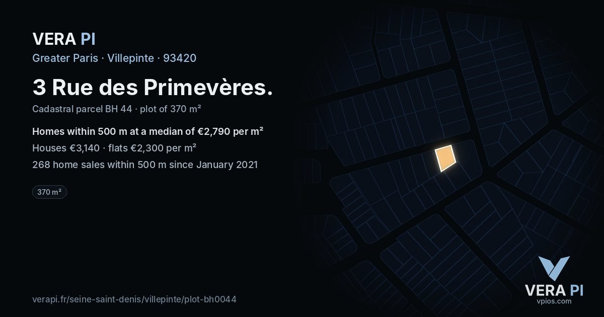 3 Rue des Primevères, Villepinte at night – the plot lit, the parcels around coloured by the prices near them