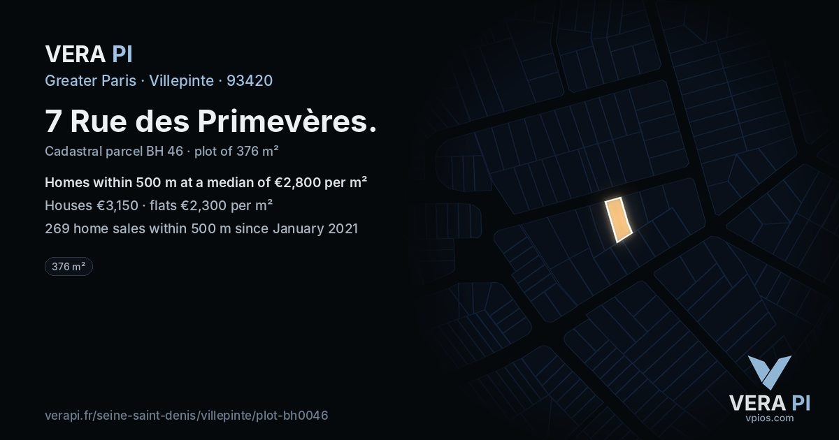 7 Rue des Primevères, Villepinte at night – the plot lit, the parcels around coloured by the prices near them