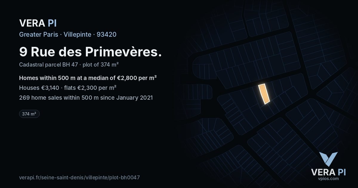9 Rue des Primevères, Villepinte at night – the plot lit, the parcels around coloured by the prices near them
