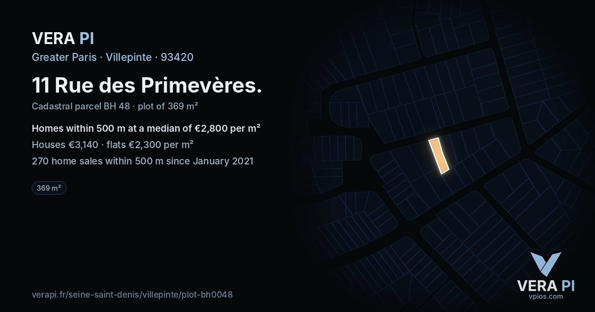 11 Rue des Primevères, Villepinte at night – the plot lit, the parcels around coloured by the prices near them