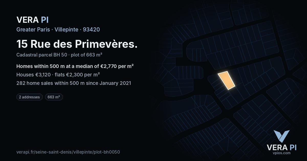 15 Rue des Primevères, Villepinte at night – the plot lit, the parcels around coloured by the prices near them