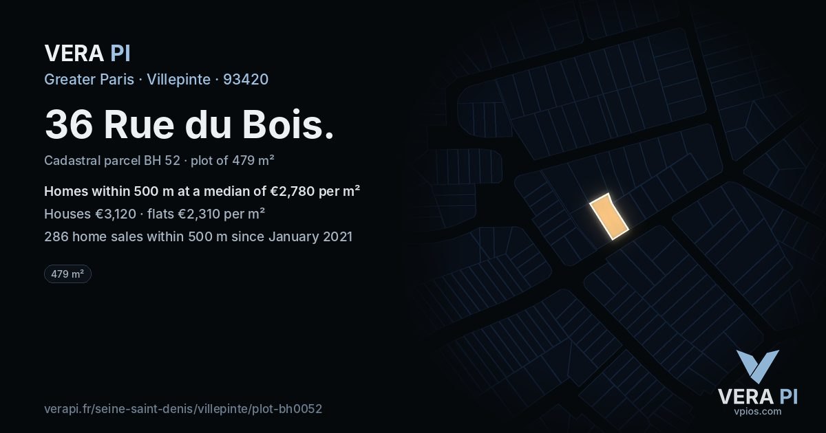 36 Rue du Bois, Villepinte at night – the plot lit, the parcels around coloured by the prices near them