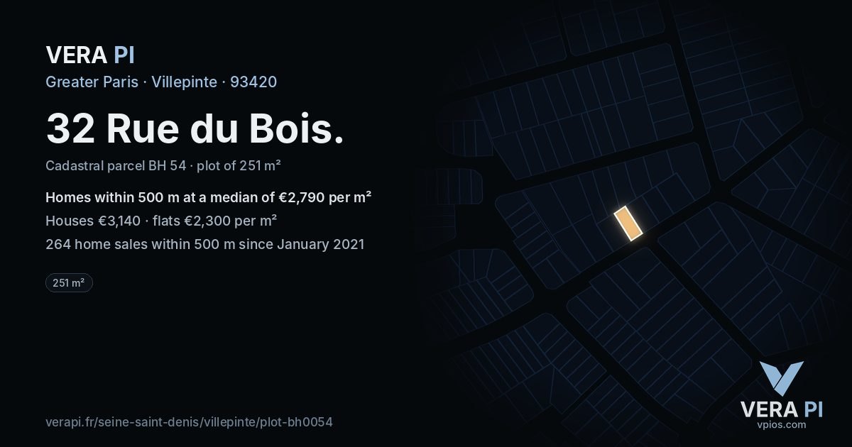 32 Rue du Bois, Villepinte at night – the plot lit, the parcels around coloured by the prices near them