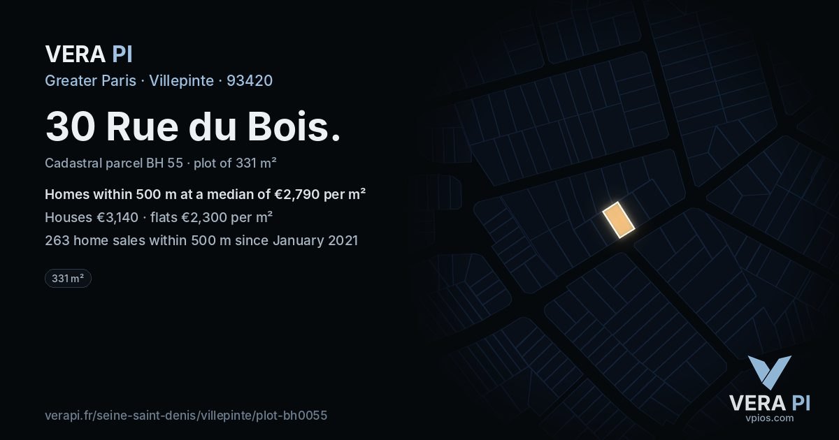 30 Rue du Bois, Villepinte at night – the plot lit, the parcels around coloured by the prices near them