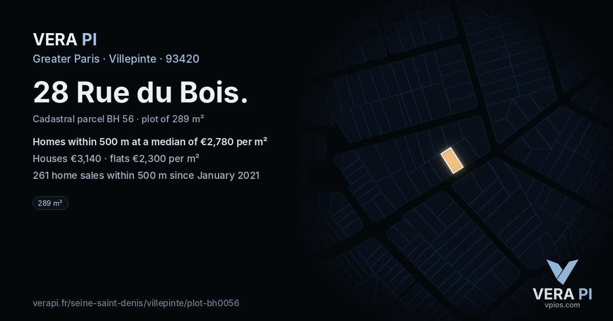28 Rue du Bois, Villepinte at night – the plot lit, the parcels around coloured by the prices near them