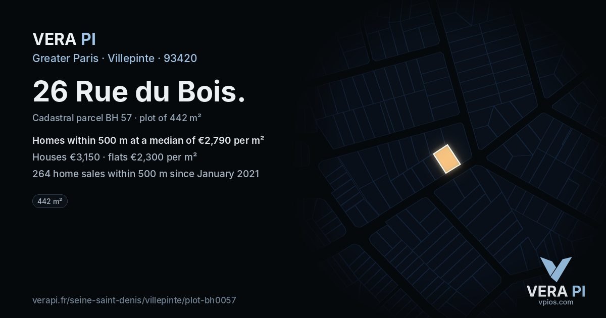 26 Rue du Bois, Villepinte at night – the plot lit, the parcels around coloured by the prices near them