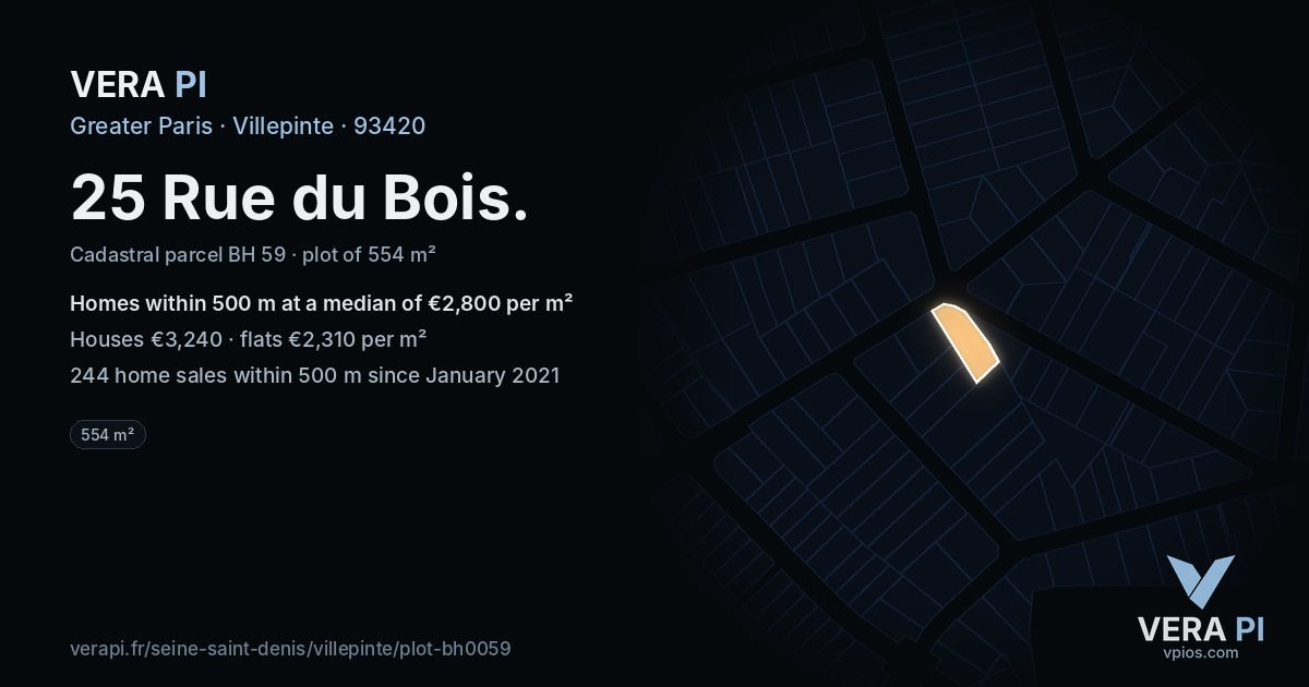 25 Rue du Bois, Villepinte at night – the plot lit, the parcels around coloured by the prices near them