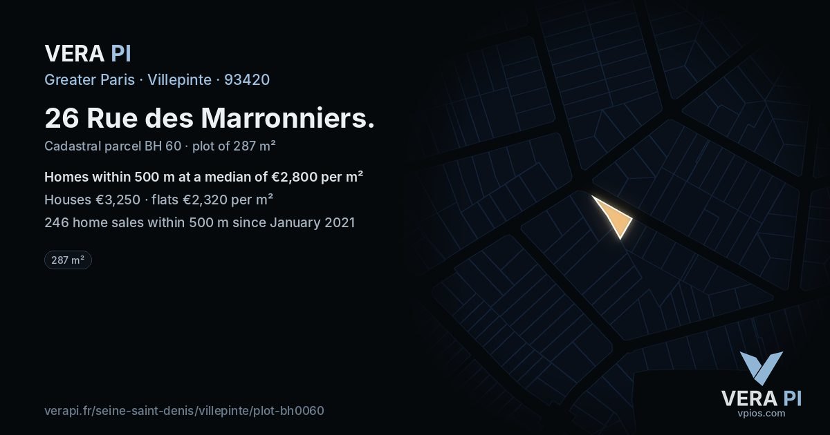 26 Rue des Marronniers, Villepinte at night – the plot lit, the parcels around coloured by the prices near them