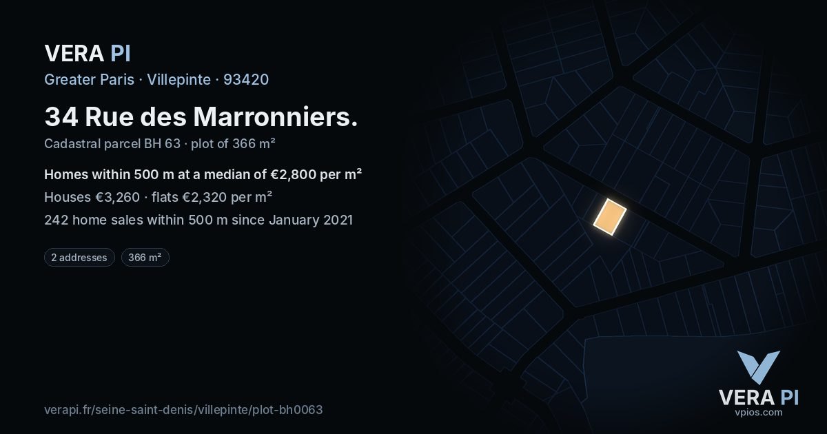 34 Rue des Marronniers, Villepinte at night – the plot lit, the parcels around coloured by the prices near them