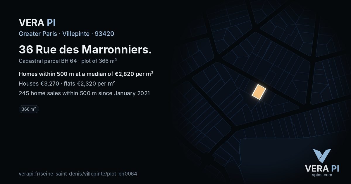 36 Rue des Marronniers, Villepinte at night – the plot lit, the parcels around coloured by the prices near them